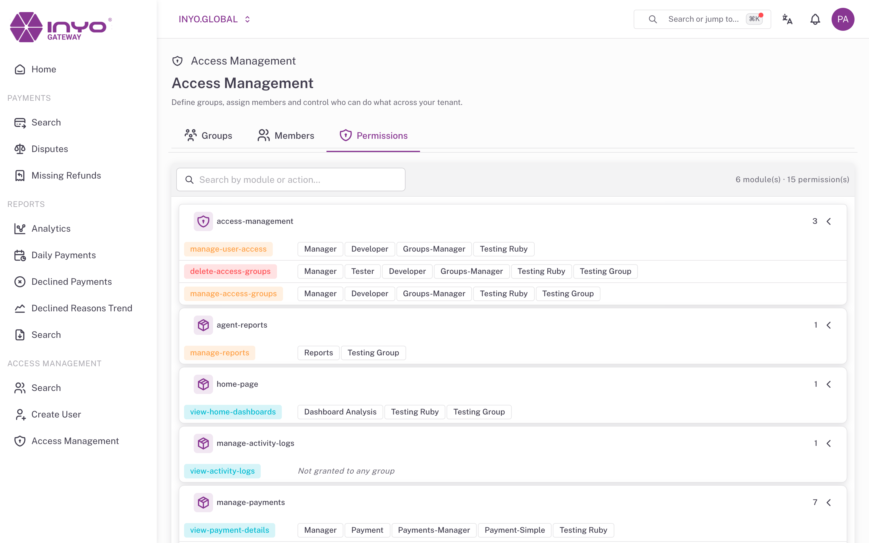 The Permissions tab — the read-only catalog showing which groups hold each permission