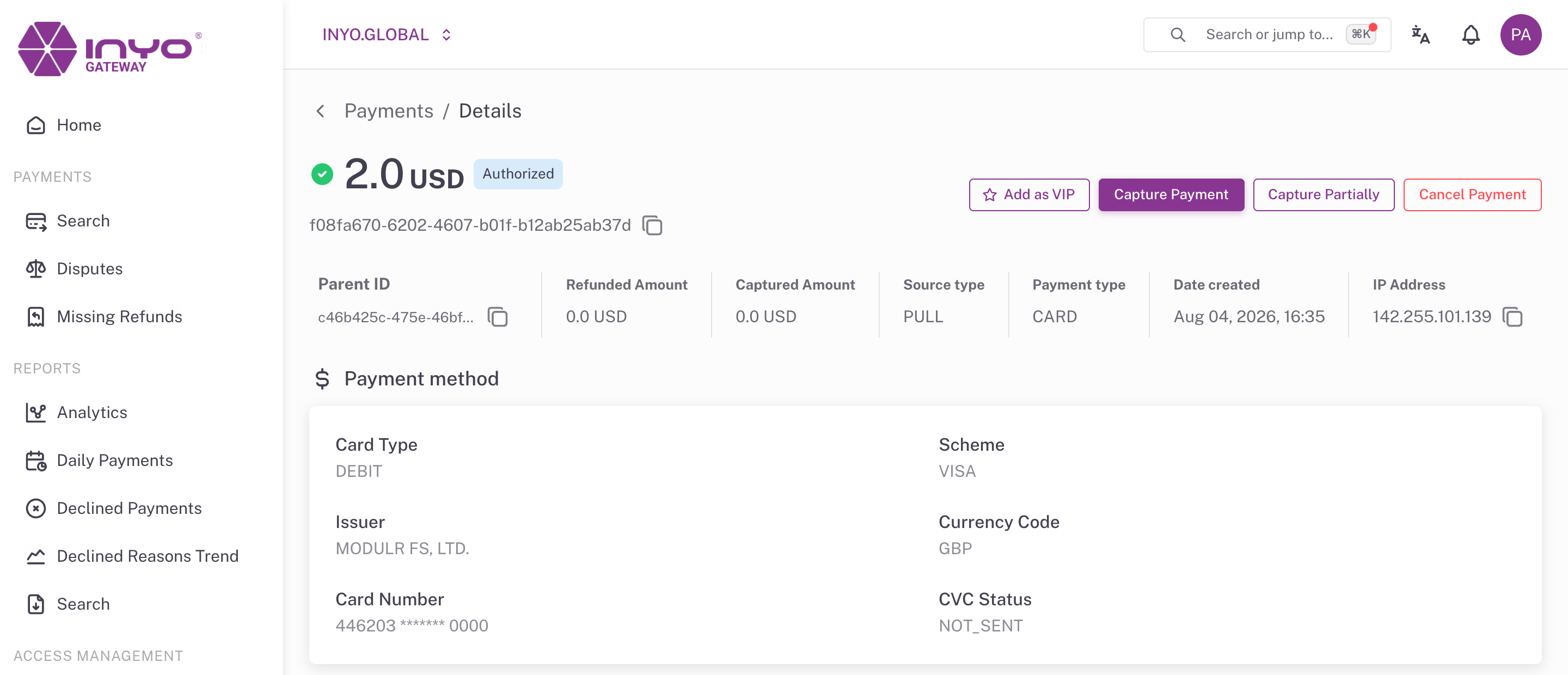 An authorized payment — the header with Capture, Cancel, and Add as VIP actions, and the payment method section