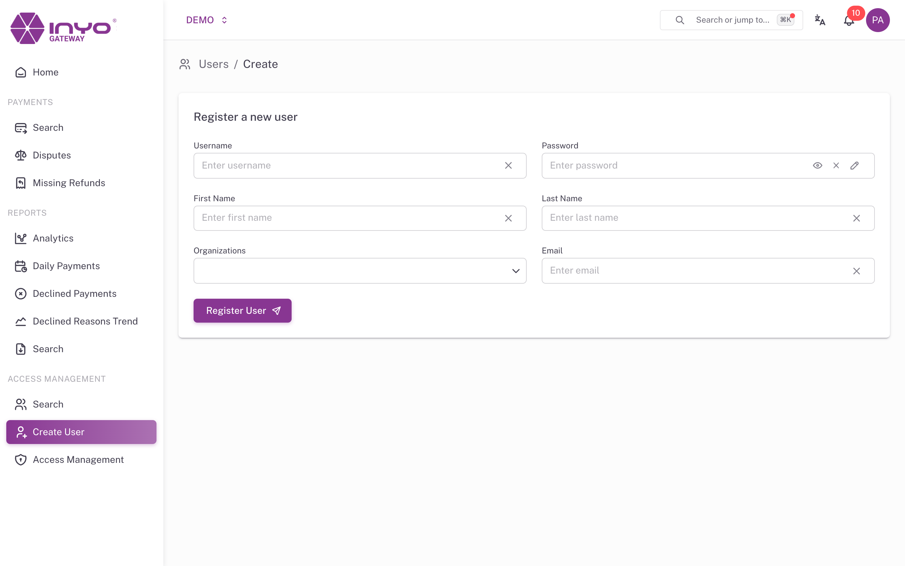 The Create User form β username, password, name, email, and organizations