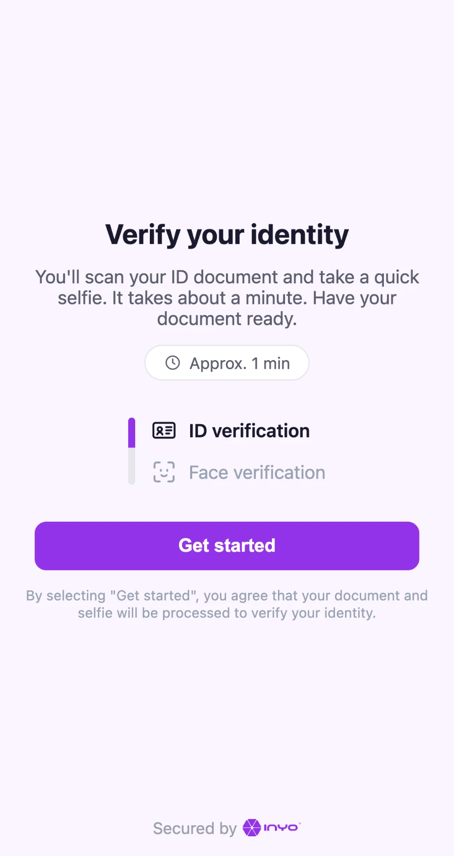 Tela inicial — verificação de documento e depois facial, cerca de um minuto