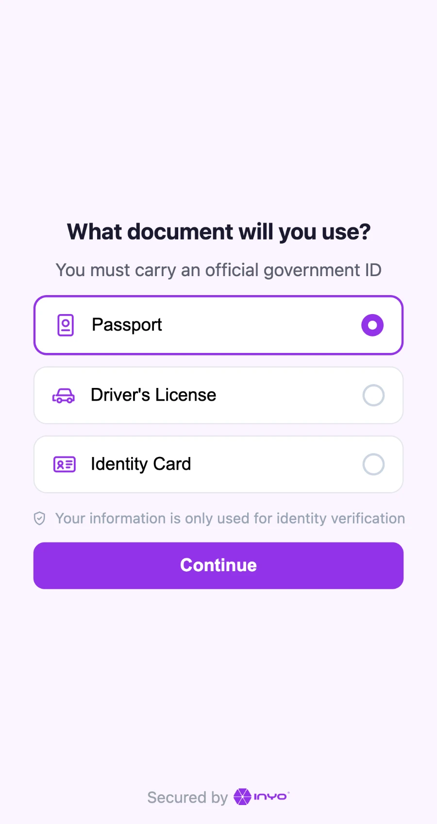 Escolha do tipo de documento — passaporte, carteira de motorista ou documento de identidade