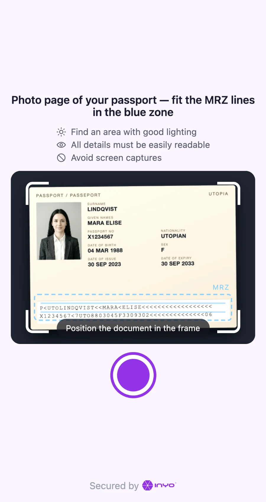 Captura da página de foto do passaporte, com a zona legível por máquina dentro do guia
